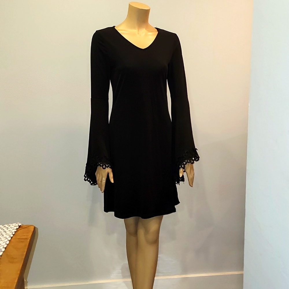HAANI Petite brand black above the knee dress with big bell sleeves size PS